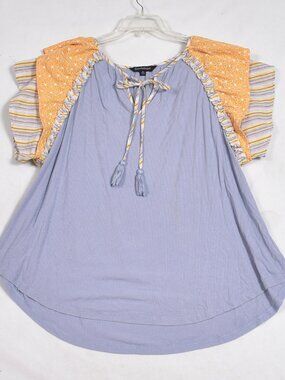 Davi & Dani Women's Blouse Size 1XL Blue & Yellow Fluter Sleeve